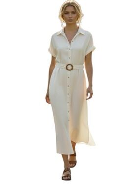 fresh Beige Button-Front Maxi Shirt Dress with Belt Sz S Minimalist Safari